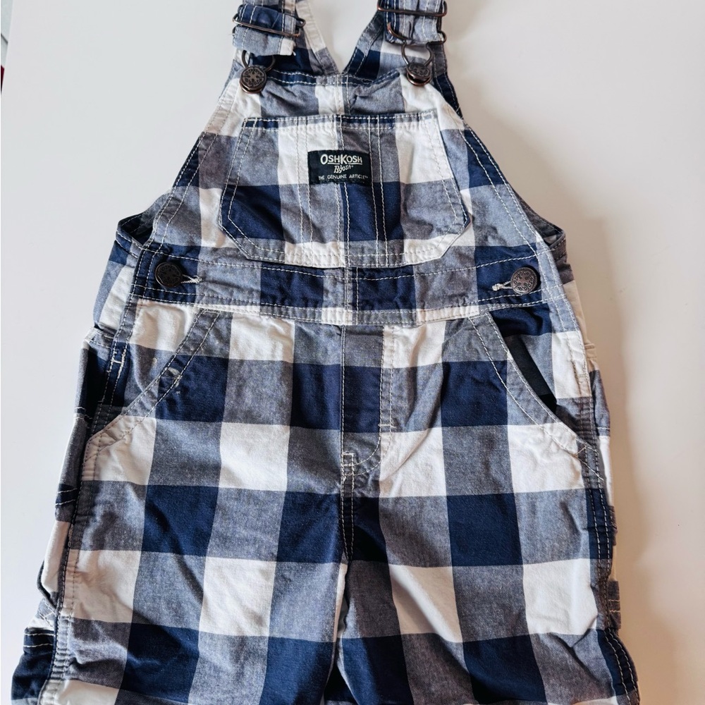 Oshkosh B'Gosh Baby Boy's Size 2T Blue and White Plaid Print Shortall Overalls
